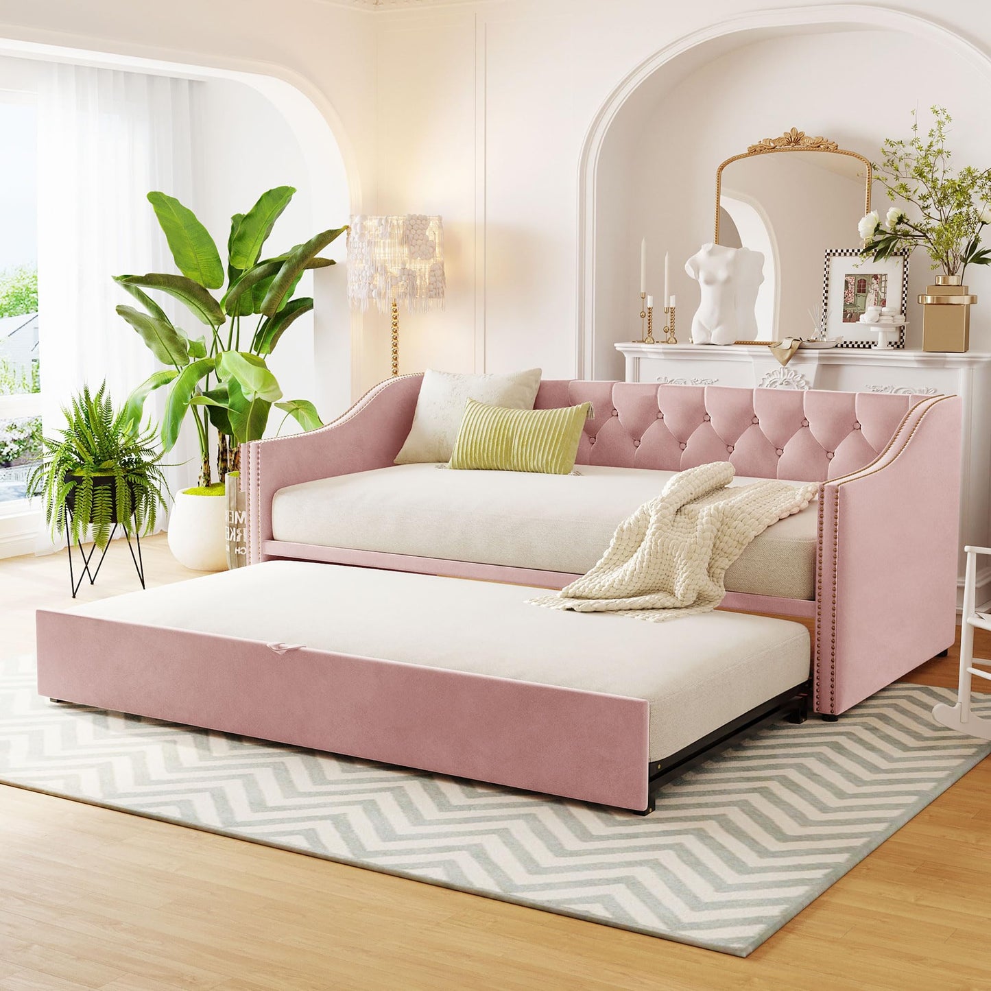 Merax Twin Size Upholstered Velvet Daybed with Pop Up Trundle, Multi-Functional Sofa Bed with Backrest and Two Armrest for Kids Room, Guest Room, Living Room,Pink
