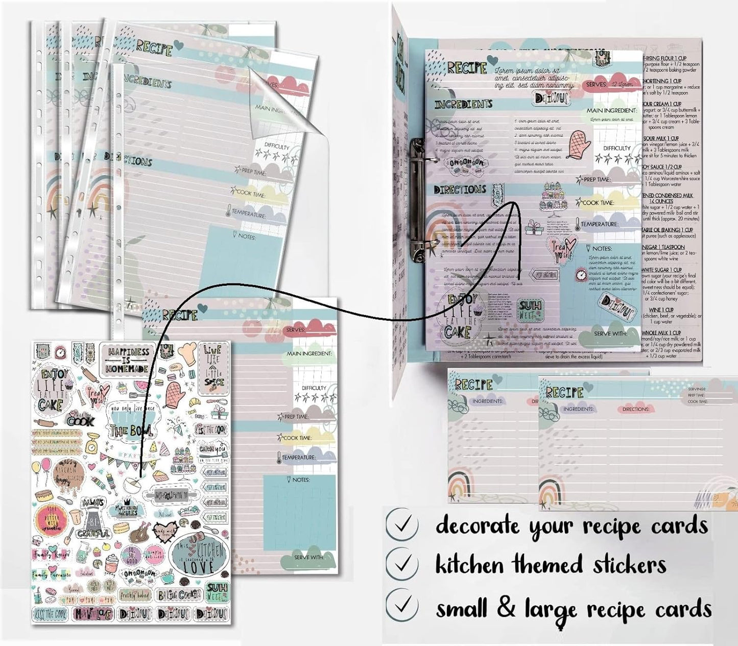 Recipe Binder Refill Pages: 30 4x6 Recipe Cards, 20 A4 Recipe Cards, 45 Page Protectors