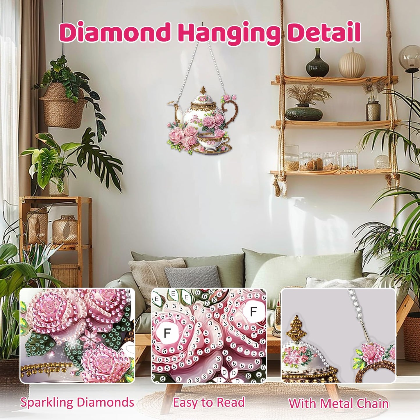 MEIYUDA Teapot Diamond Art Hanging Kits for Adult, Flowers Teapot Diamond Painting Hanging Kits Ornaments, DIY Special Shaped Rhinestone Window Pendants Kit for Home Garden Wall Decor Gift