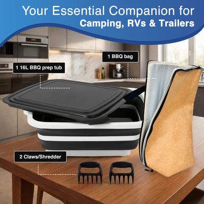 3pcs BBQ Prep Tub, BBQ Blanket, Meat Shredder Claws | Collapsible 3 in 1 Cutting Board with Colander & Dish Basin, Insulated 21" Meat Resting Bag, Barbecue Grilling Accessories with Tub