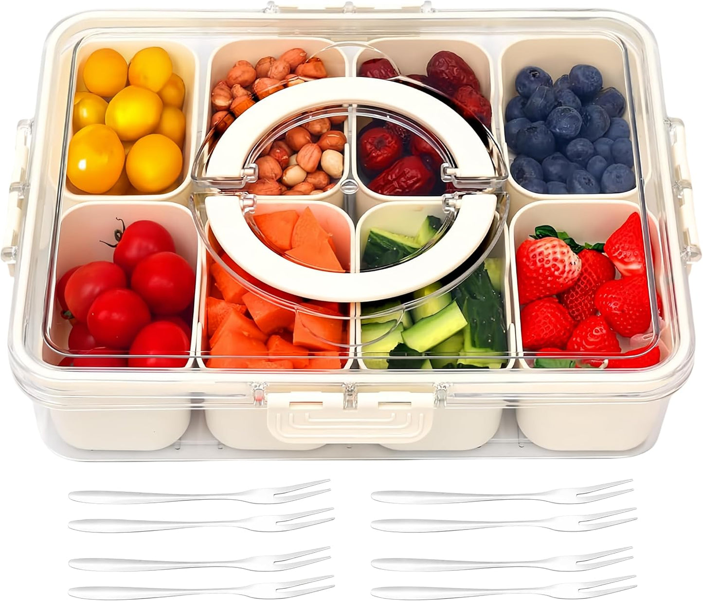 Snackle Box Charcuterie Container - Divided Serving Tray with Lid and Handle, 8 Compartment Portable Snack Box