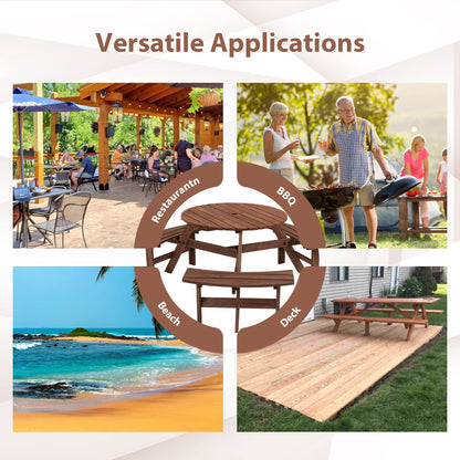 BIFULDYO 6-Person Round Outdoor Table and Chairs for Patio, Backyard, Wooden Garden Picnic Table with 3 Benches, 1720 Lb Capacity (Brown)