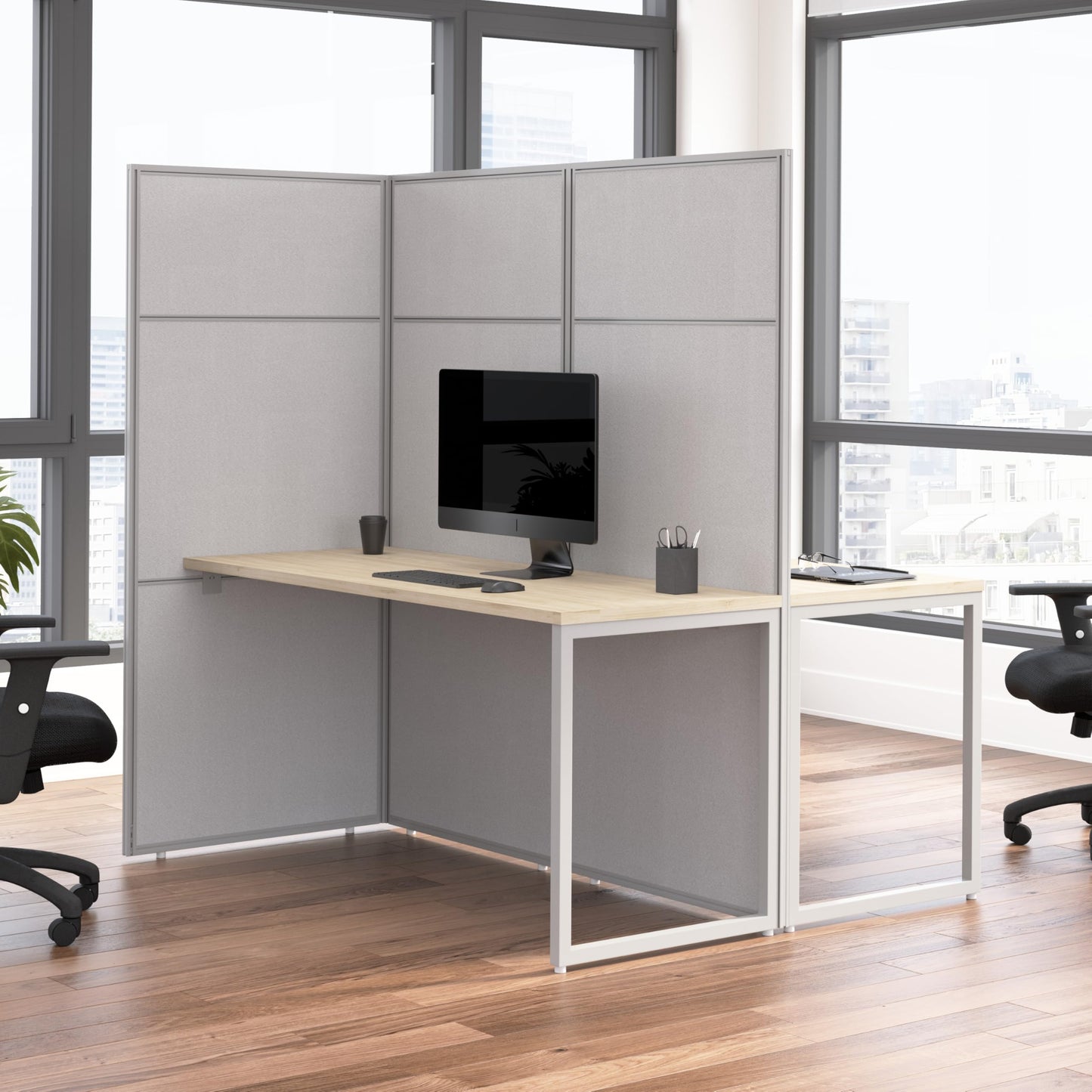 Bush Business Furniture 60-inch 2 Person Cubicle Desk with Tall Panels, Double Workstation, Easy Office Collection, Natural Elm