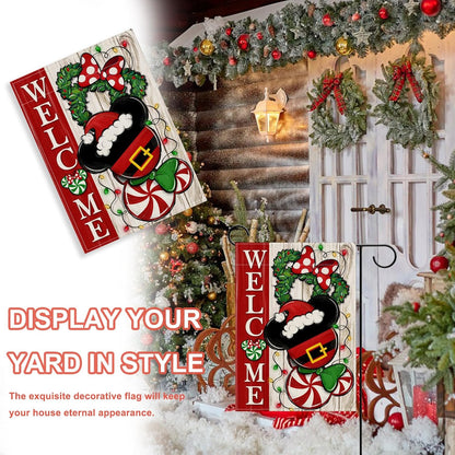 Welcome Christmas Mouse Santa Garden Flag - Xmas Peppermint Candy Wreath Ornament, Double Sided Winter Holiday Decor