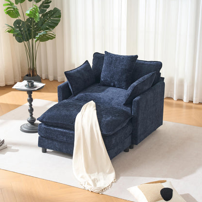 KEIKI Oversized Armchair with Ottoman, Chenille Upholstered Sofa Bed, Wide Accent Chair, Perfect for Living Room, Bedroom, Apartment, Blue