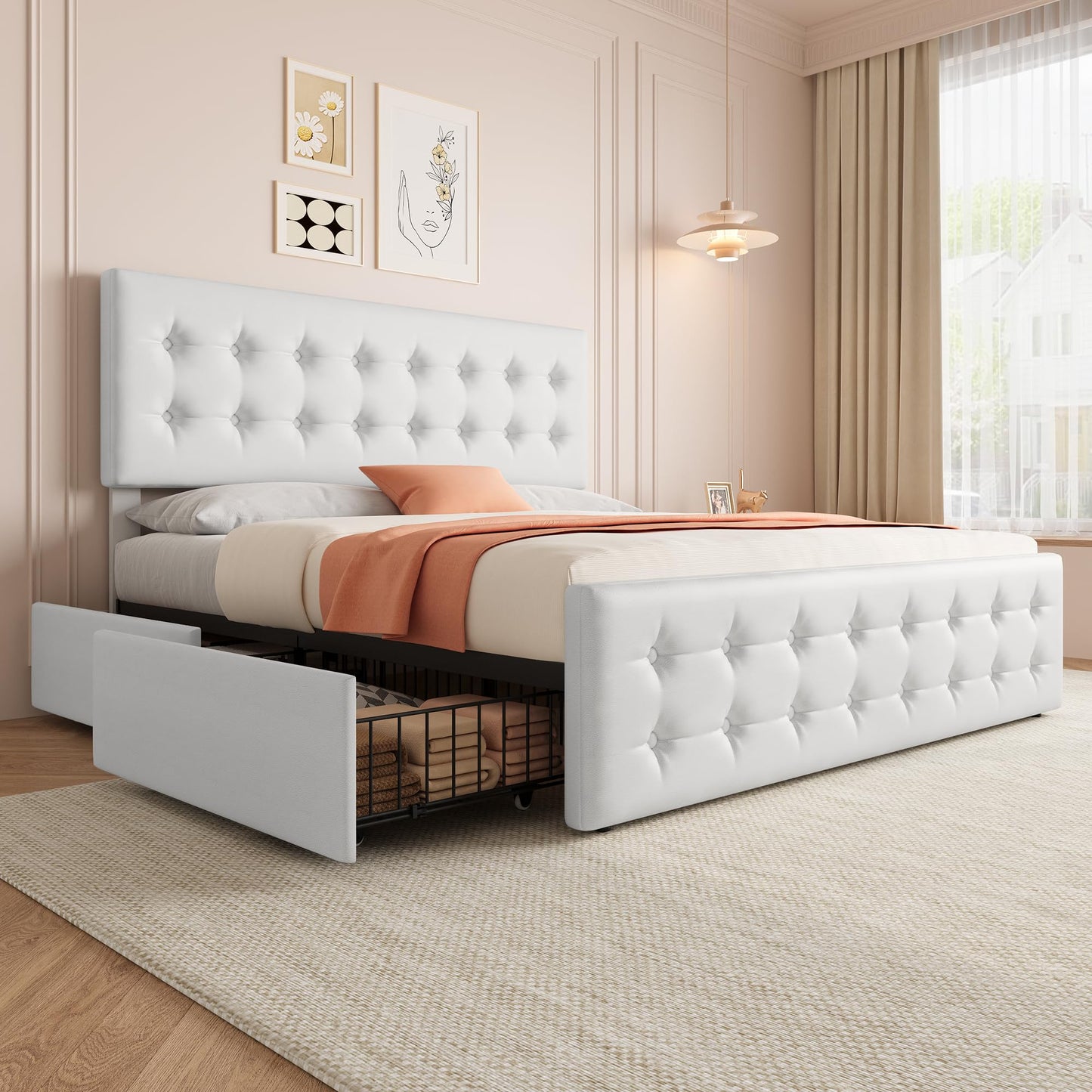 IDEALHOUSE King Size Bed Frame with 4 Storage Drawers and Headboard, Faux Leather Upholstered Platform Bed Frame with Wooden Slats Support, Button Tufted Design, No Box Spring Needed, White
