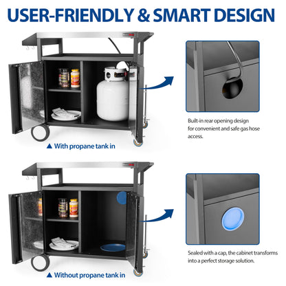 OuterMust Grill Table Outdoor Kitchen Cabinet, Moveable Outdoor Prep Table & Bar for Storage, Grilling and Pizza Oven, Multifunctional Silver & Black