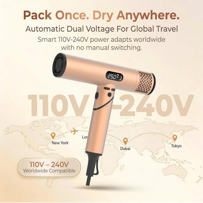 FusionHeat Dual Voltage Travel Hair Dryer with Magnetic Diffuser - 1600W High-Speed Ionic Blow Dryer for Women, Automatic Dual Voltage 110V-240V, Lightweight & Compact, Foldable, Heat Control