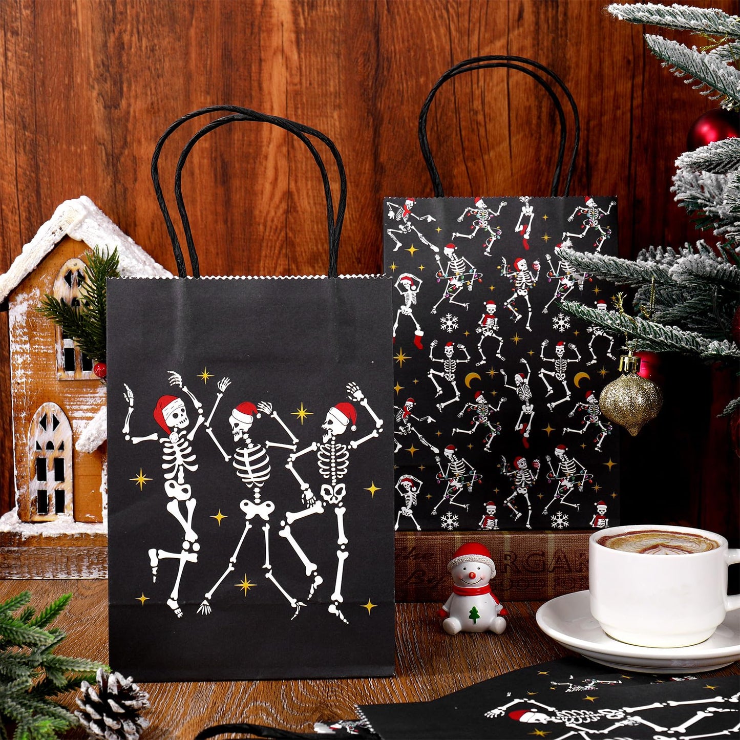 JarThenaAMCS 24Pcs Gothic Christmas Gift Bags with Handles Black Dancing Skeleton Candy Goodie Bags for Xmas Gothic Party Favors Supplies