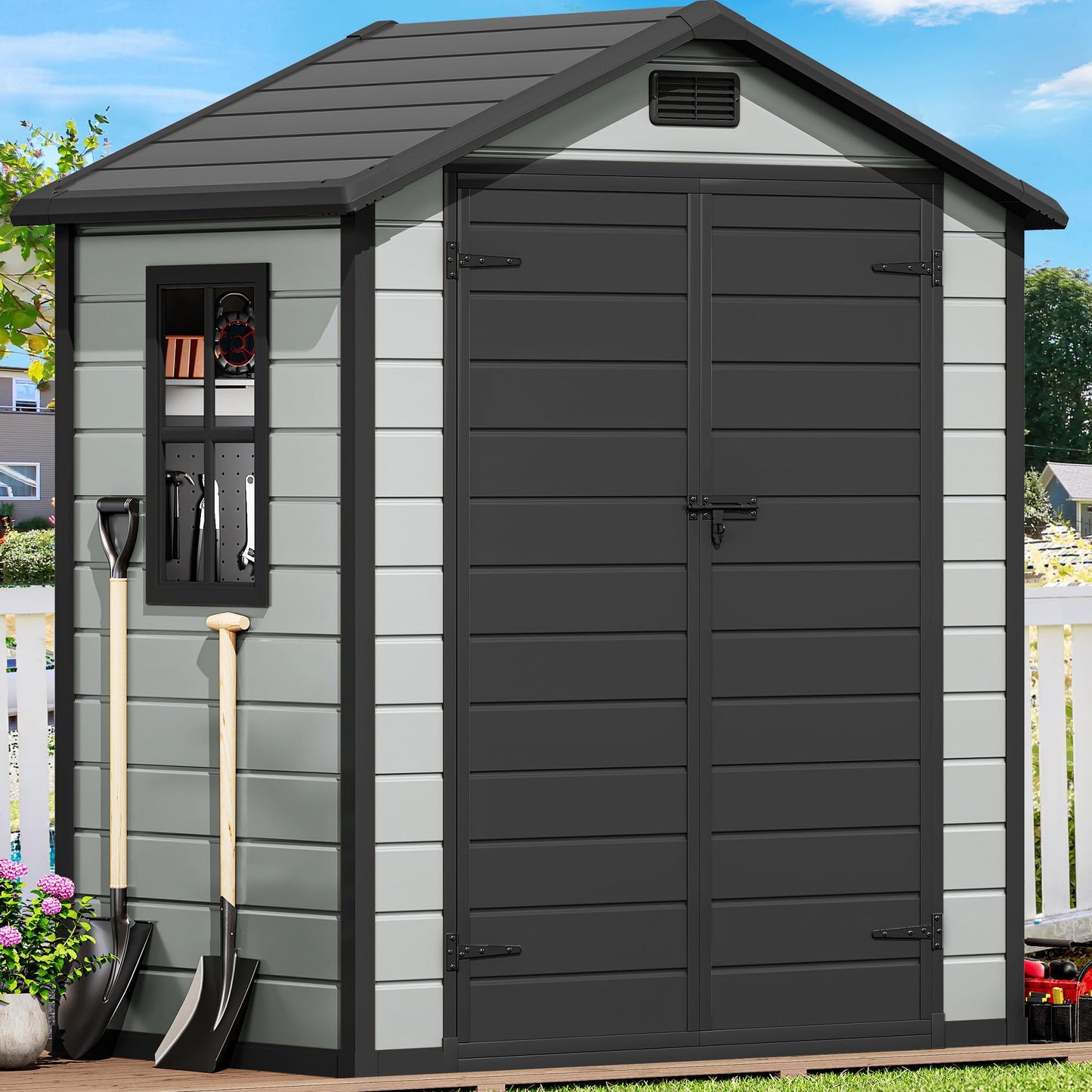 DWVO 6x4 FT Resin Storage Shed with Reinforced Floor, Outdoor Storage Shed with Lockable Door, Window and Vents, Waterproof Plastic Tool Storage for Garden, Backyard, Patio, Lawn(Blue-Gray+Black)