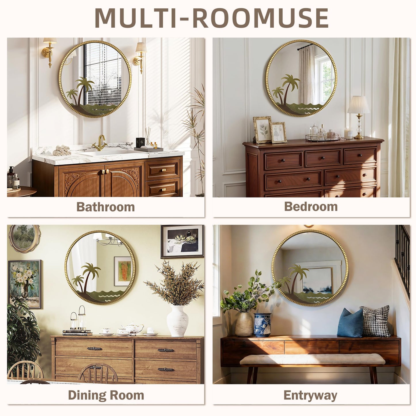 Kaleifaun Round Gold Wall Mirror 32" – Decorative Metal Frame Wall Mirror with Tropical Coconut Tree, Beaded Coastal Accent Mirror for Living Room, Bedroom, Bathroom, Beach House