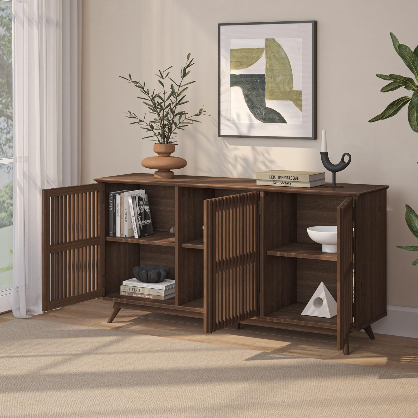 Plank+Beam Mid-Century Modern Wood TV Stand, Three Door Solid Wood Entertainment Console with Storage, 59" L x 16" W x 30" H, Walnut