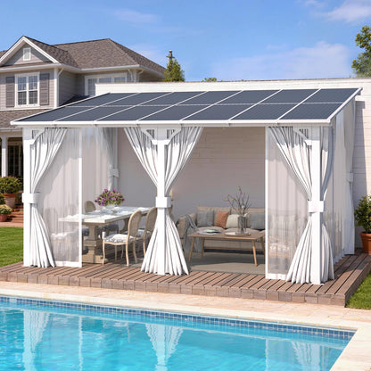 AECOJOY 14'x10' Outdoor Lean to Gazebo with Curtains and Mosquito Netting for Patio, Hard Top Wall Mounted Pergolas and Gazebos Clearance, Large Heavy Duty Metal Awnings for Decks in White