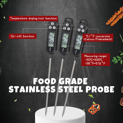 6 Pcs Instant Read Meat Thermometer with Long Probe 9.65 Inch Kitchen Cooking Food Candy Waterproof Digital Thermometer for BBQ Water Milk Yogurt Liquid (Round&Square Ring,Black,White,Red)