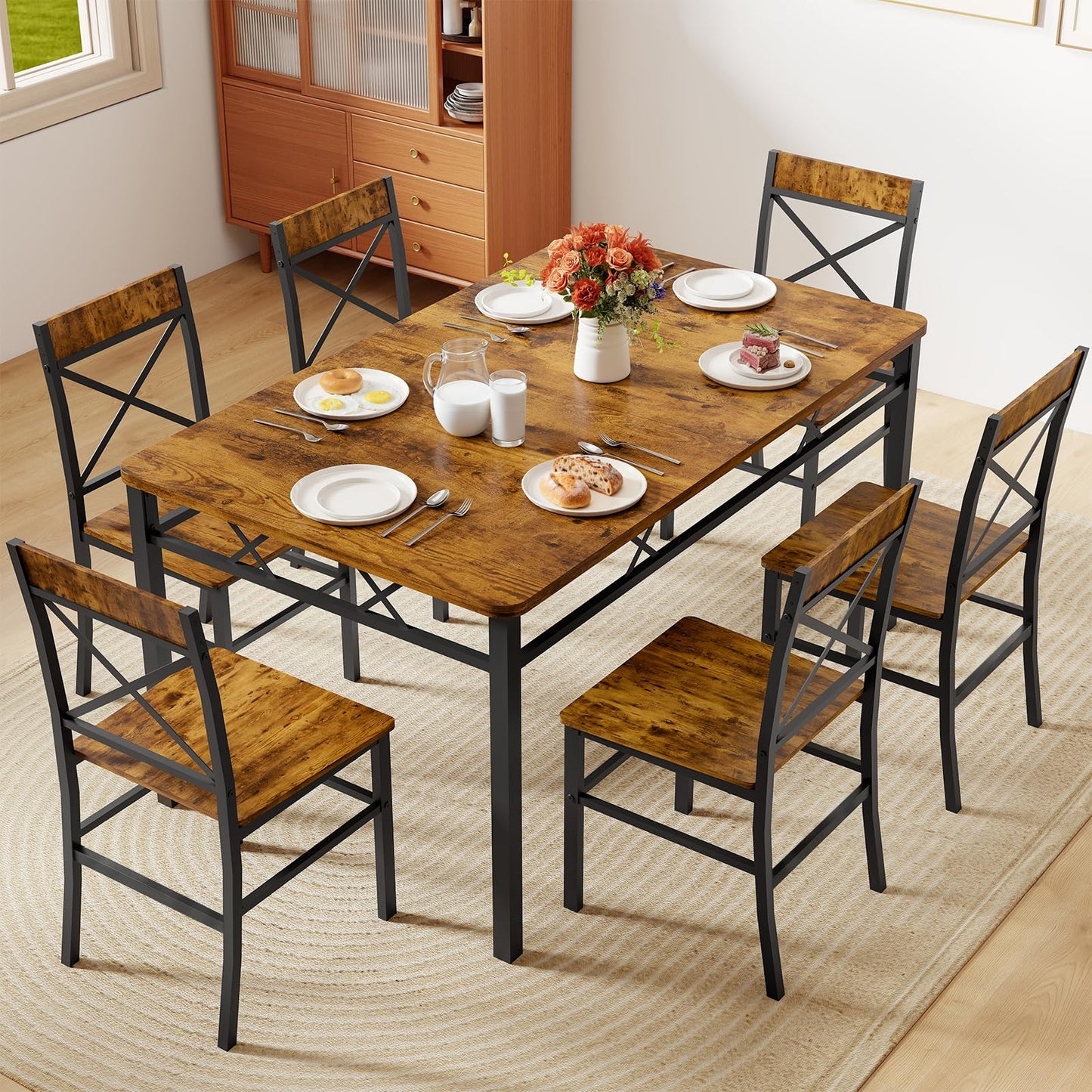Zevemomo 7-Piece Dining Table Set, Kitchen Table Chairs Set of 6, Dining Room Sets for 6, Farmhouse Dining Table Set with 6 X-Shaped Curved Backrest Chairs, for Kitchen & Living Room-Rustic Brown