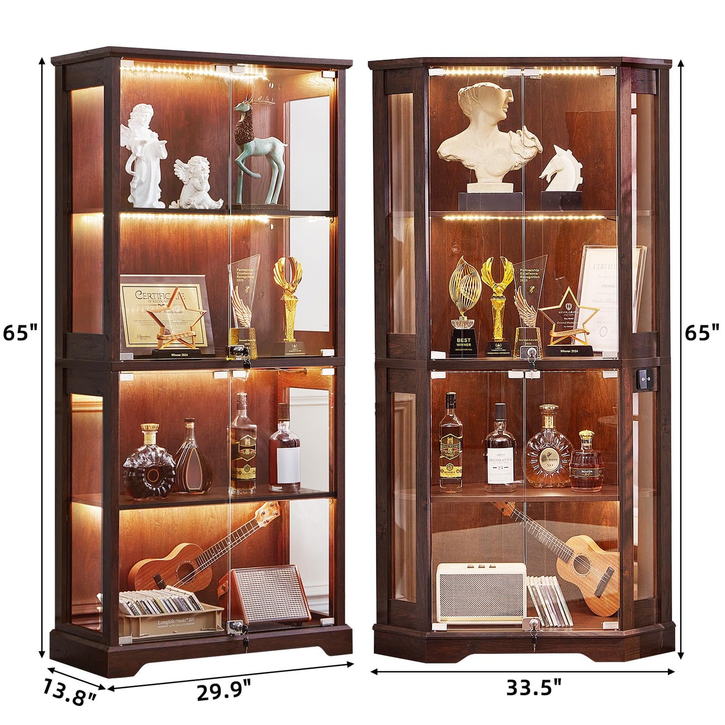 LELELINKY Farmhouse Glass Display Cabinet Set of 2 with Doors, Corner Curio Cabinet for Collectibles, Wooden Display Cabinets for Home, Office, Living Room, Corner, Walnut