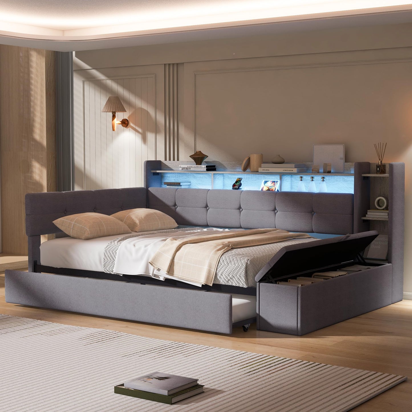 Merax Full Size Upholstered Daybed with Trundle and Storage Drawer, Headboard with Light, Shelves, USB Charging Station, Multi-Functional Bed for Guest Room, Living Room, No Box Spring Needed, Gray