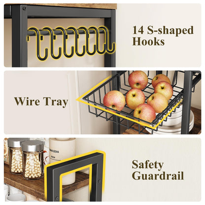 SNTD Baker Rack with Power Outlet - Microwave Stand with Storage, Large Coffee Bar Station with 14 Hooks, Metal Kitchen Shelf Rack for Spices, Pots (Rustic Brown)