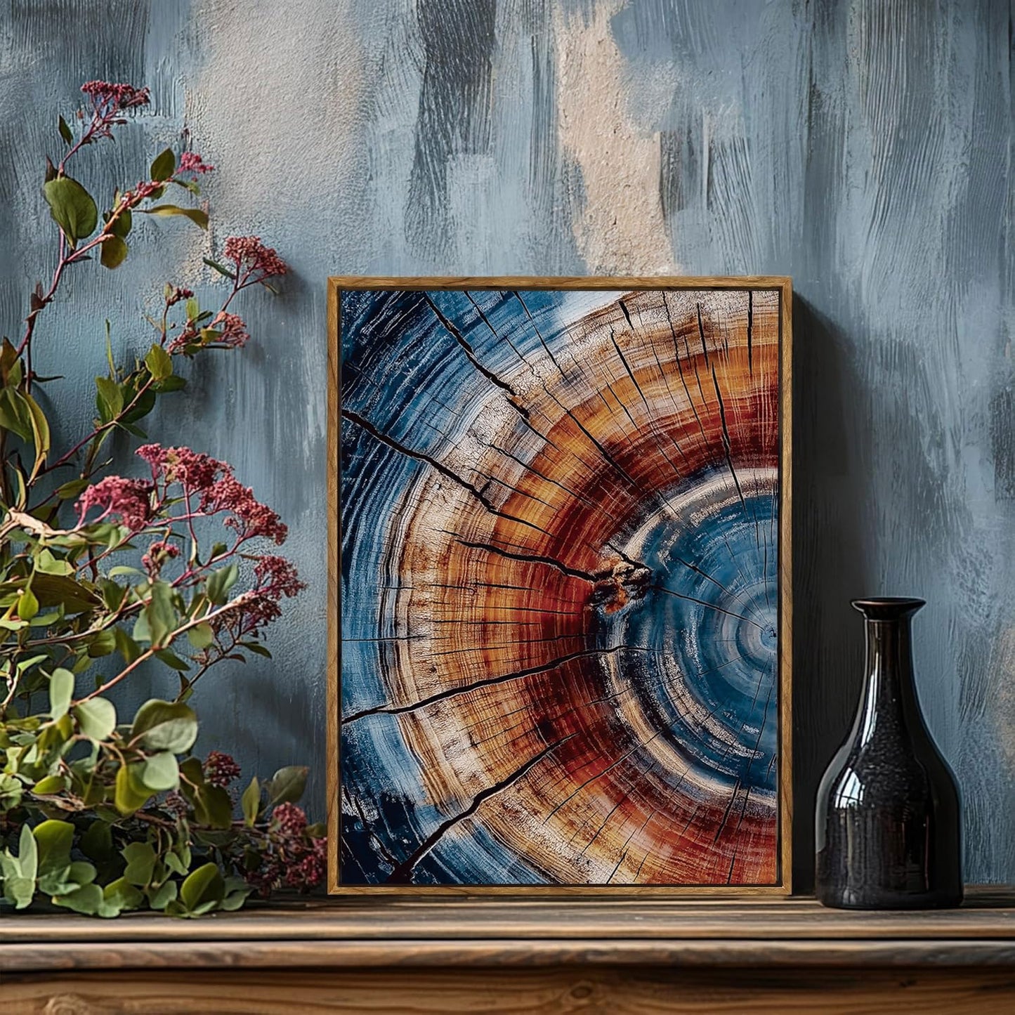 BingruiArt Framed Tree Ring Wall Art Blue and Red Boho Wall Decor Nature Print Wood Canvas Rustic Artwork Abstract Painting Modern Picture for Living Room Bedroom Bathroom 12"x16" Natural Framed(01)