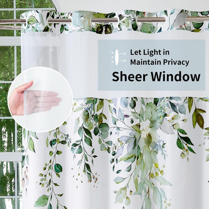 QiyI No Hook Shower Curtain with Snap in Fabric Liner, Sage Green Eucalyptus Shower Curtain with See Through Top Window, Waterproof Washable Cloth Ringless Shower Curtain Set for Bathroom, 72 x 75