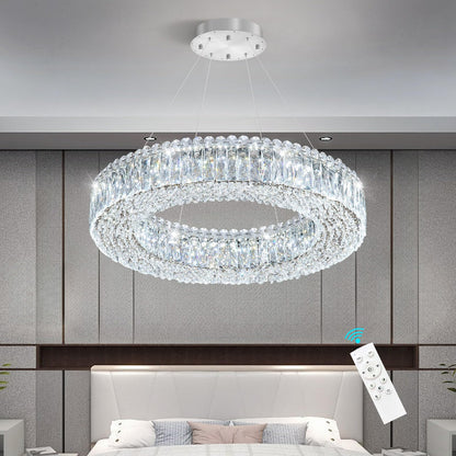 24'' Modern Crystal Chandeliers Large Ring Chandelier for Living Room LED Dimmable Ceiling Light for Dining Room High Ceiling Chandeliers for Foyer Entryway Silver
