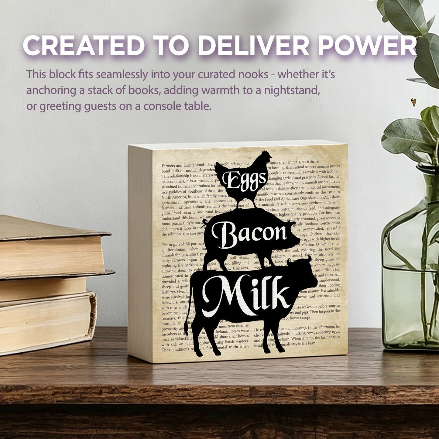 Farmhouse Eggs Bacon Milk Wood Box Sign Desk Decor, 5x5 Inch Rustic Farm Animal Wooden Sign for Kitchen Dining Room Home Shelf Decor, Farmhouse Gifts for Women Farmer Cooking Lovers