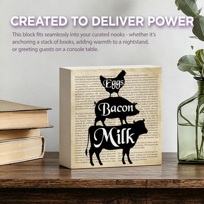 Farmhouse Eggs Bacon Milk Wood Box Sign Desk Decor, 5x5 Inch Rustic Farm Animal Wooden Sign for Kitchen Dining Room Home Shelf Decor, Farmhouse Gifts for Women Farmer Cooking Lovers