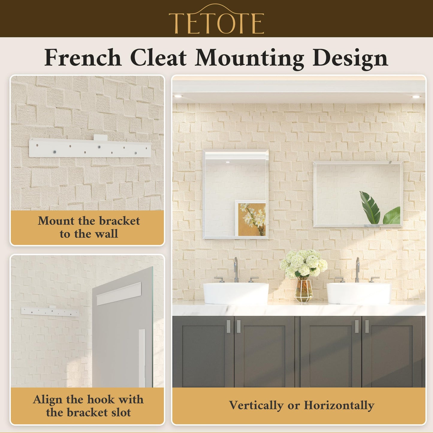TETOTE 72" x 36" Rectangle Tempered Mirror with Frameless Beveled Edge for Vanity and Bathroom