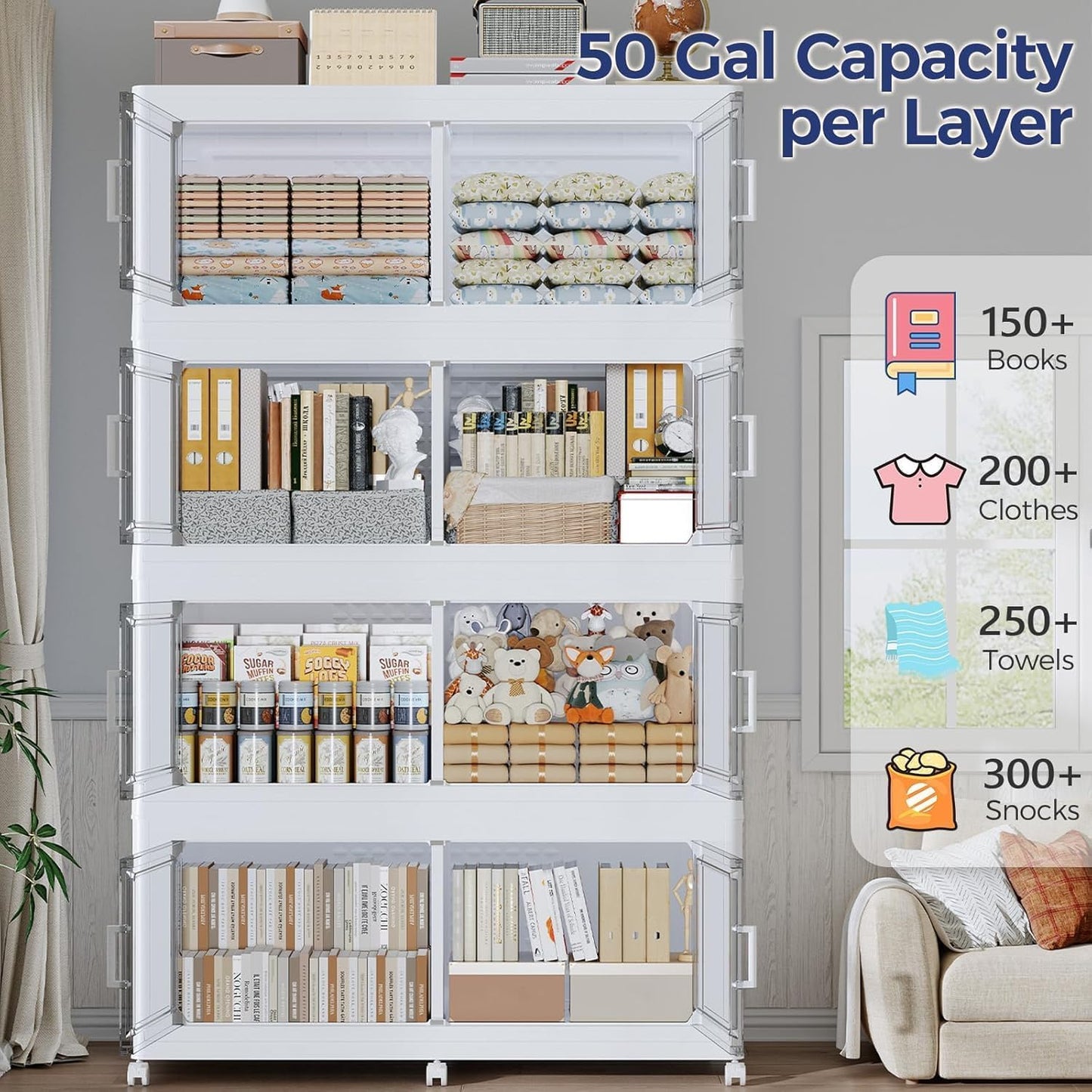 QAVABIN 200GAL Extra Large Storage Bins with Lid, 800Qt Stackable Closet Organizers and Drawers, Collapsible Storage Bins with Wheels, Folding Containers for Home, Kitchen Office, 4Pack White