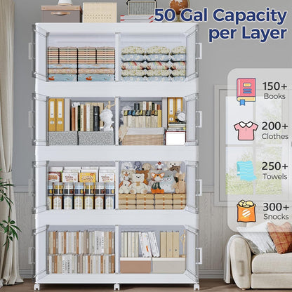 QAVABIN 200GAL Extra Large Storage Bins with Lid, 800Qt Stackable Closet Organizers and Drawers, Collapsible Storage Bins with Wheels, Folding Containers for Home, Kitchen Office, 4Pack White