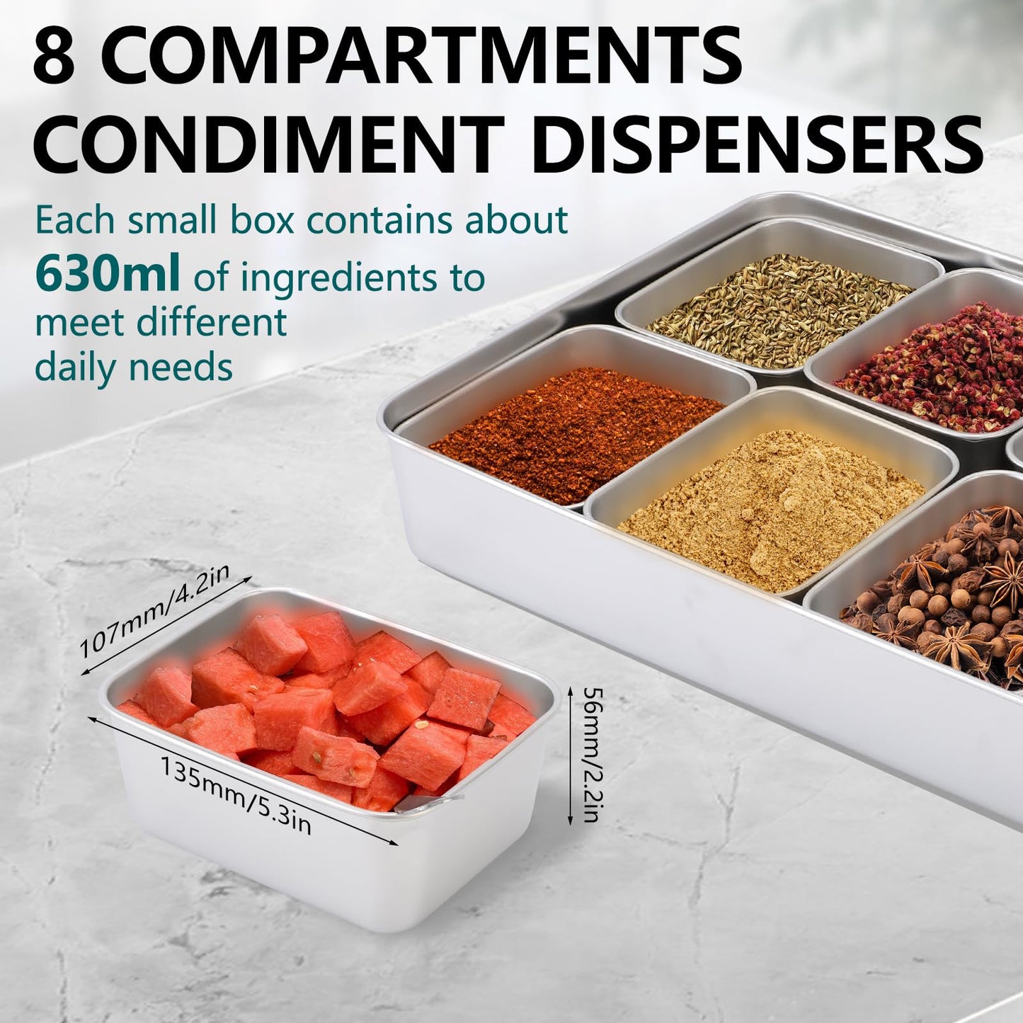 KIMISS Box Seasoning Organizer Box 8 Grids Stainless Steel Jars Container Set Rack with Lids And Spoons for Salt Snacks Flour Dry Goods Fruits