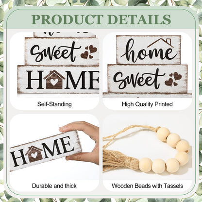Yousoontic 5 Pcs Farmhouse Wooden Table Decor Rustic Tiered Tray Decor Neutral Block Sign Centerpiece with Bead Garland Faux Eucalyptus Leaves for Home Sweet Kitchen Entryway Living Room Shelves
