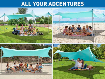 Beach Tent Sun Shelter 14 x 11FT, UPF50+ Protection Beach Shade Canopy with 8 Sandbags, Sand Shovel, Ground Pegs & Stability Poles, Beach Canopy for Camping, Fishing, Picnics, Trips