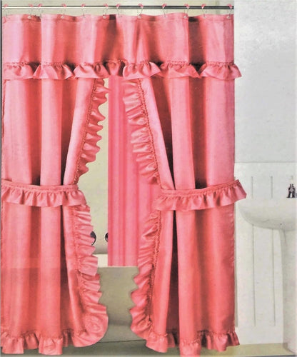 Mosaic Double Swag Fabric Shower Curtain with Vinyl Liner, 12 Rolling Rings, 2 Tie Backs (Pink)