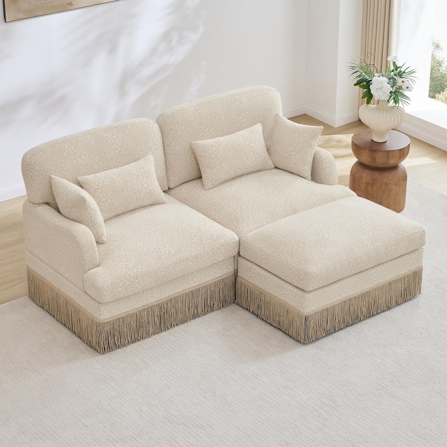 KEIKI 69.2" L Shaped Loveseat Sofa with Ottoman, Modular Chenille Leopard Print Couch with Tassel Trim, Deep Seat Sectional Sofa for Living Room Corner Seating
