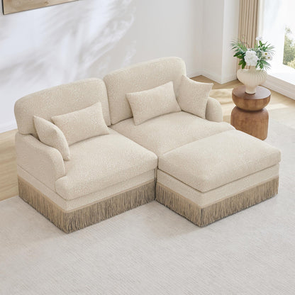 KEIKI 69.2" L Shaped Loveseat Sofa with Ottoman, Modular Chenille Leopard Print Couch with Tassel Trim, Deep Seat Sectional Sofa for Living Room Corner Seating