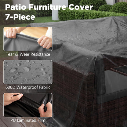 LHBcraft Patio Furniture Set with Rain Cover,7 Pieces Outdoor Wicker Rattan Patio Furniture, Wicker Rattan Outdoor Sectional Sofa Set with Coffee Table for Garden, Poolside Taupe-Grey