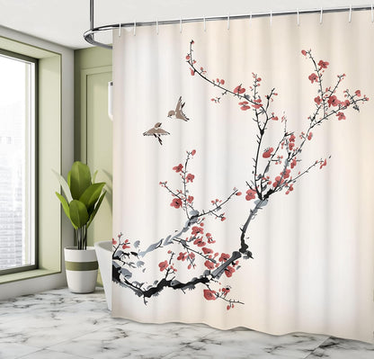 Ambesonne Nature Shower Curtain 69" W x 70" L, Burgundy Black Flowers Buds Birds Art Painting Effect, Cloth Fabric Bath