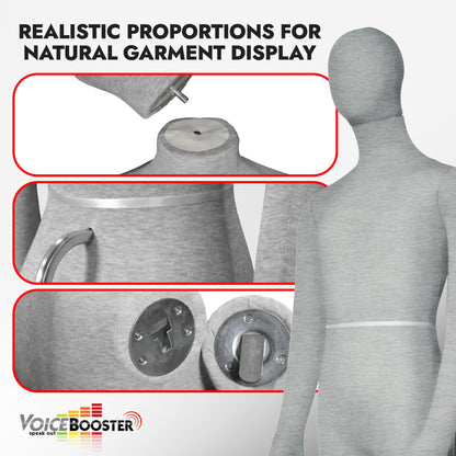 Full Body Male Mannequin by Voicebooster Speak Out - Flexible, Bendable, Poseable Standing Model with Adjustable Arms - Soft Foam Dress Form for Costumes, Clothing Display, Sewing - Grey