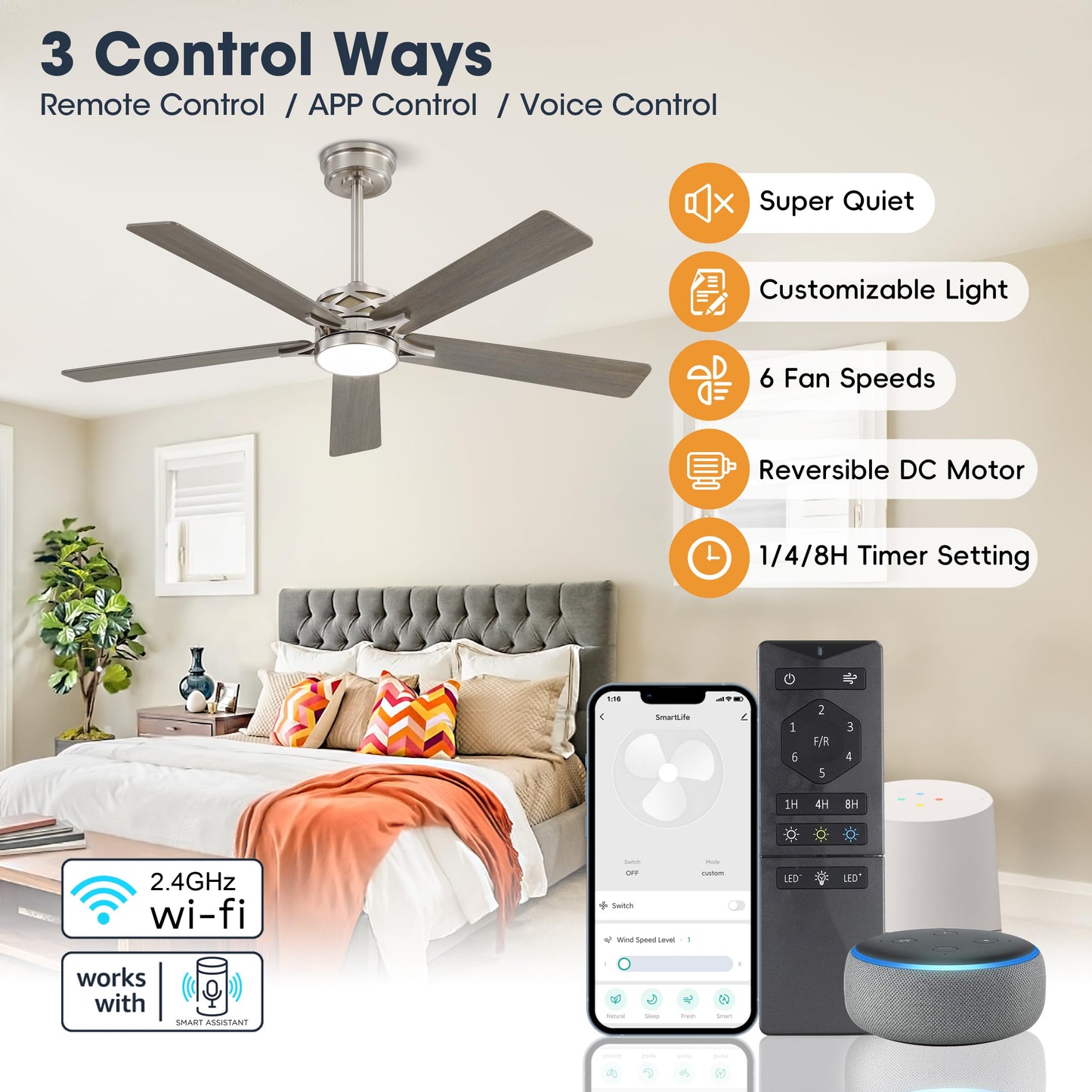 WINGBO 60" Smart Ceiling Fan with Lights and 3 Downrods, 5 Plywood Blades, 6 Speeds Reversible DC Motor, Works with Alexa and Google Assistant, 3CCT Dimmable LED Large Ceiling Fans, Nickel and Grey