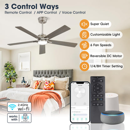 WINGBO 60" Smart Ceiling Fan with Lights and 3 Downrods, 5 Plywood Blades, 6 Speeds Reversible DC Motor, Works with Alexa and Google Assistant, 3CCT Dimmable LED Large Ceiling Fans, Nickel and Grey