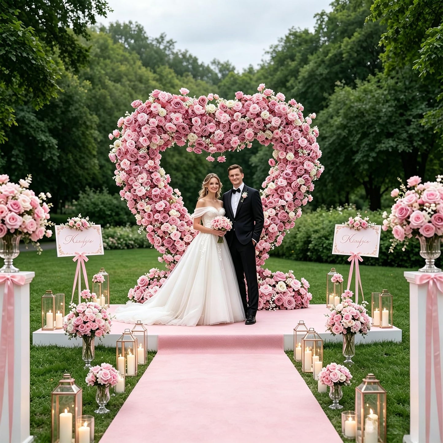 6.56x6.56ft Heart-Shaped Artificial Flower Arch Backdrop with Fabric Base, Floral Decor for Wedding Arch, Ideal for Birthday Banquets & Outdoor Party Scene Decoration (Pink, Arch Frame Not Included)