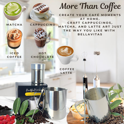 BellaVitas Milk Frothing Pitcher Set 20oz/600ml, 304 Stainless Steel Milk Frother Cup with Cocoa Shaker, Latte Art Pen, Stencils, Espresso Machine Accessories & Coffee Barista Tools Latte Pitcher Gift