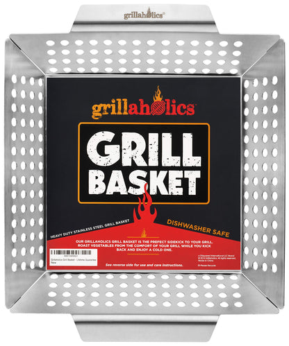 Grillaholics Vegetable Grill Basket for Outdoor Grill - Extra Large, Heavy-Duty Stainless Steel Veggie Grilling Basket with Handles