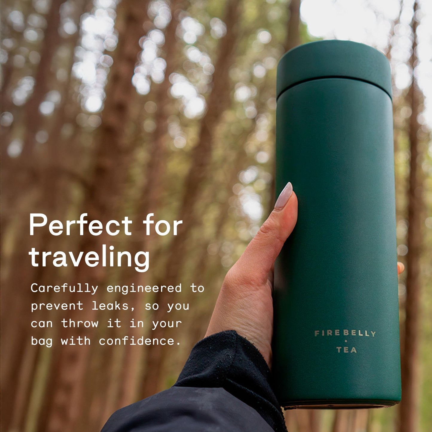 Firebelly Tea, Travel Tea Infuser Mug with Strainer, Insulated Tumbler for Loose Leaf Tea or Coffee, Leakproof Bottle for Hot or Iced Drinks, Stainless Steel Thermos with Lid, Forest