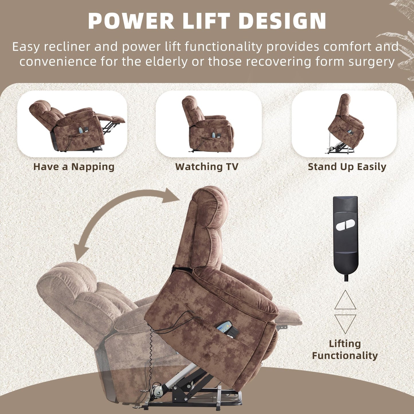 CANMOV Power Lift Recliner Chair for Elderly with Vibration Massage and Lumbar Heating, Overstuffed Electric Lift Chair with Side Pocket and 2 Cup Holders for Living Room, Brown