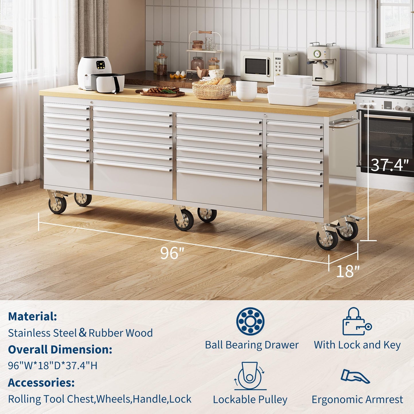 PeakPursuit 96" Rolling Tool Chest with 24 Drawers, Solid Rubber Wood Workbench Top, Locking Wheels & Key Lock, Mobile Garage Storage Cabinet for Workshop Organization, Silver