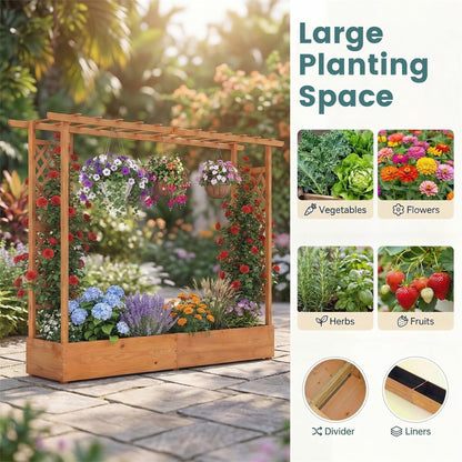 HAPPYGRILL Raised Garden Bed with Trellis, Freestanding Wood Planter Box w/Hanging Roof & Drainage Holes for Vine, Climbing Plants, Flowers, Outdoor Planter with Trellis for Garden, Patio, Yard (2)