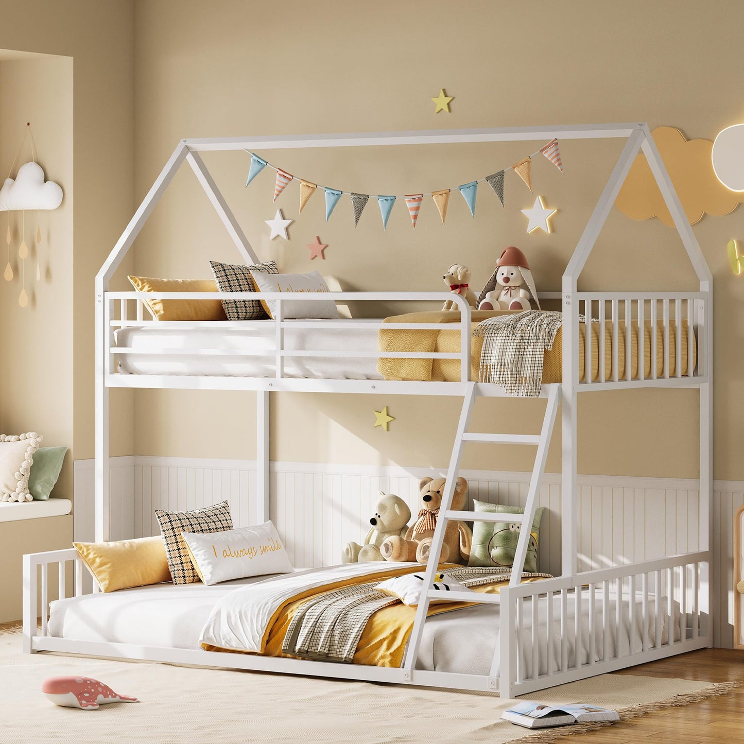 LIKIMIO Bunk Bed Twin Over Full Size, House Bunk Bed Frame with Ladder and Guardrail, House Shaped with Metal Slats Support No Box Spring Needed Space Saving for Bedroom and Dorm, White