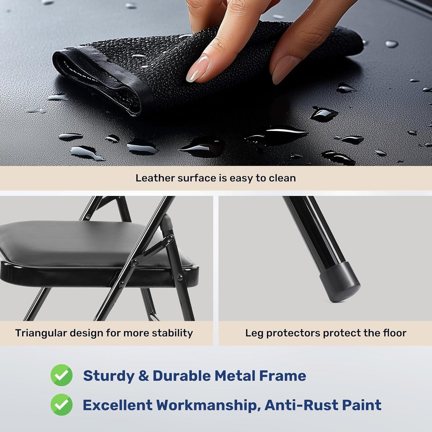 2 Pack Commercial-Grade Simple Deluxe Portable Padded Folding Chairs, Leather Upholstered Seat Pad & Durable Metal